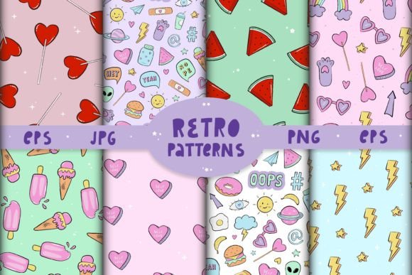 8 Retro Patterns with Doodles