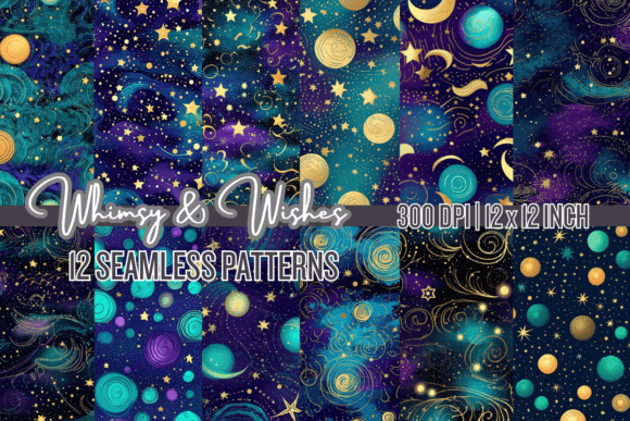 Cosmic Teal Galaxy Seamless Patterns