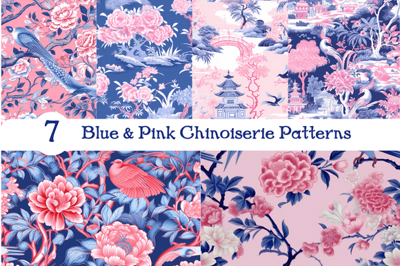 Pink Blue Chinoiserie Seamless Patterns