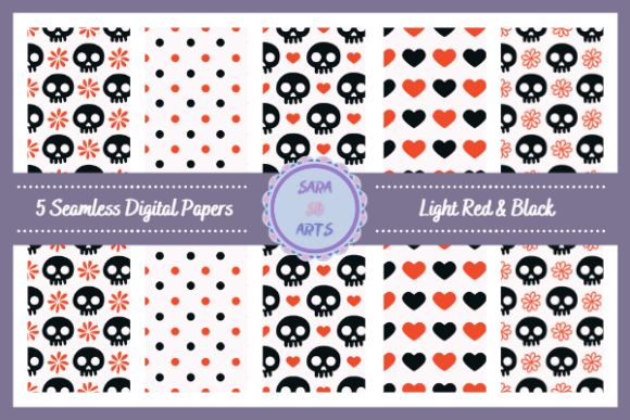 Seamless Skull, Heart, Polka Patterns